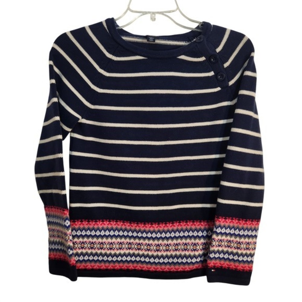 Tommy Hilfiger Girls Navy Blue Striped Fair Isle Cotton Sweater XL/16